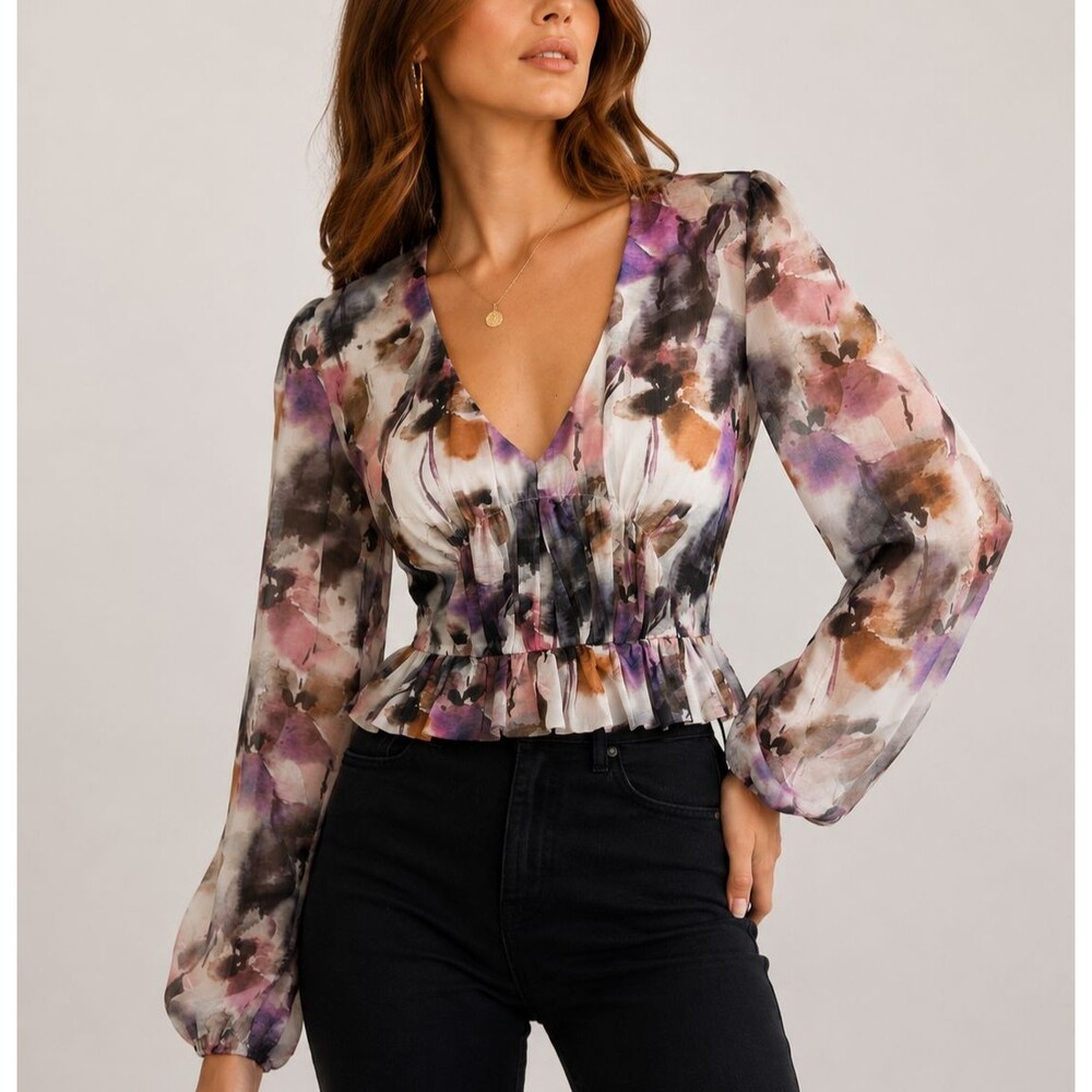 House of Harlow 1960 x Revolve Watercolor Floral Top Deep V-Neck Small Soft Glam